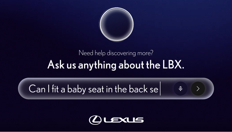 Lexus AI concierge screen: ‘Can we help you find something?’ with a search bar typing ‘Can I fit a baby seat in the back se’, mic and send icons, on a blue background. 