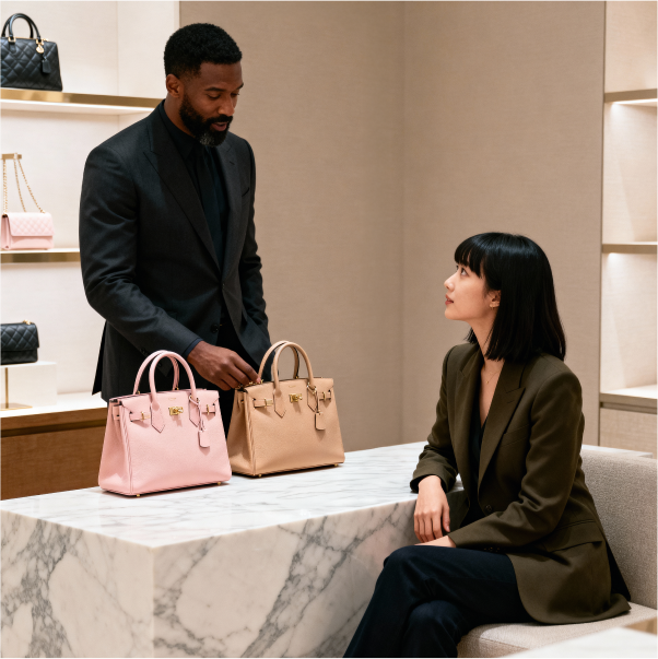 Sales associate in a luxury boutique presents two handbags—pink and beige—on a marble counter to a seated shopper. 