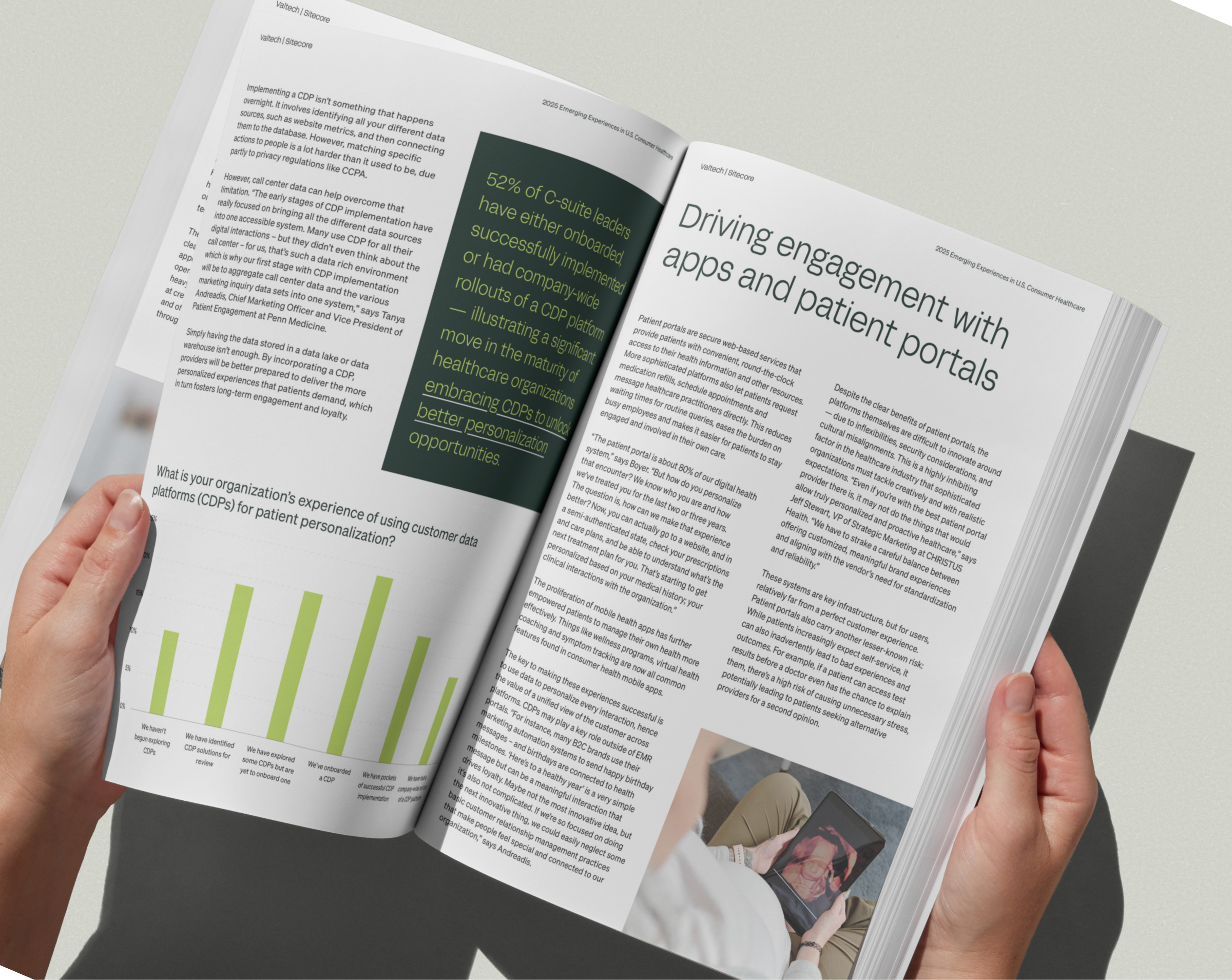 An open magazine spread showcasing a healthcare report, highlighting a green infographic box with text on customer data platforms (CDPs) and their use for better personalization opportunities, along with an accompanying bar chart and a small photo of a person using a digital tablet.