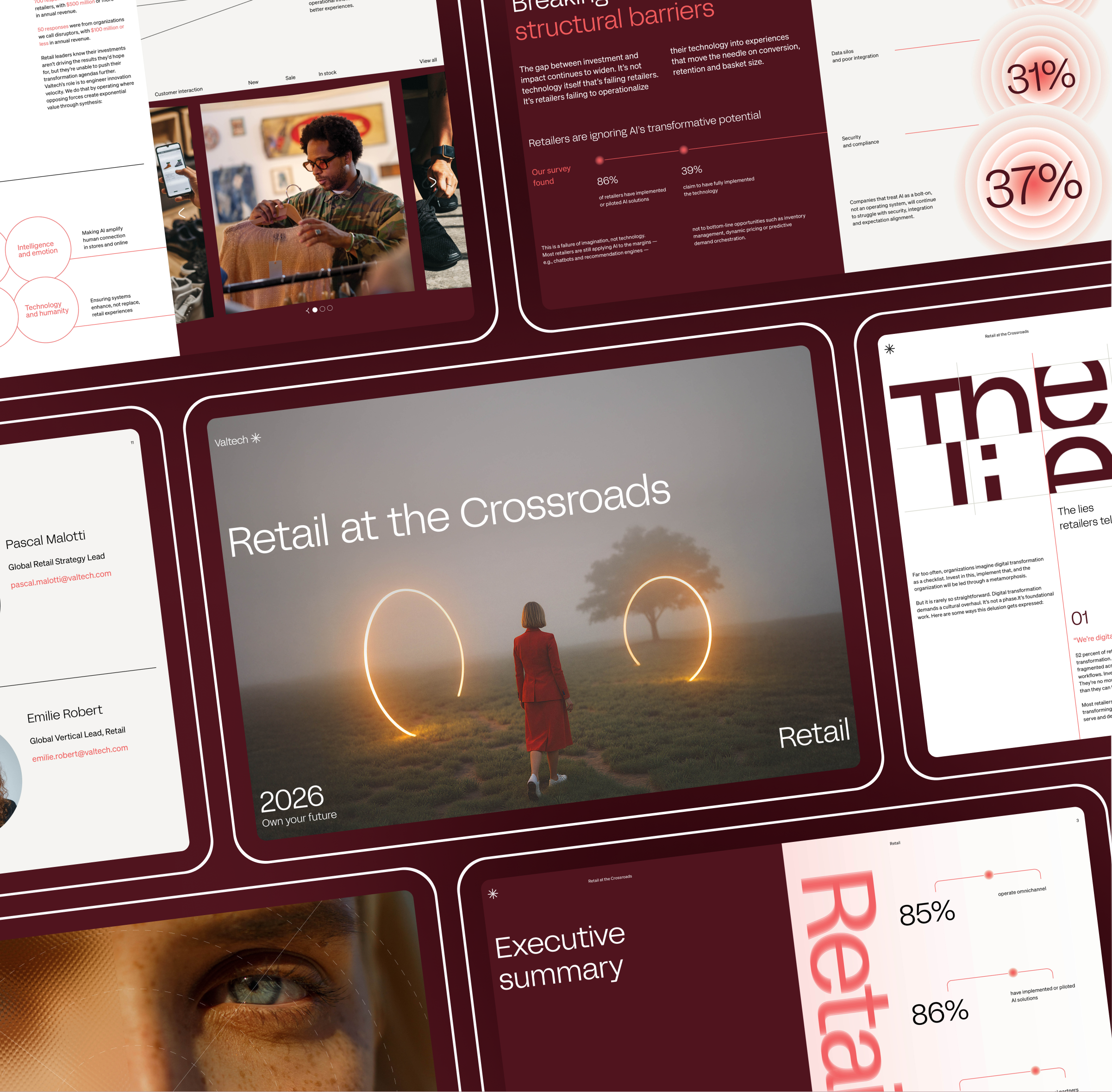 Collage of pages from the Valtech "Retail at the Crossroads" 2026 report on digital transformation.