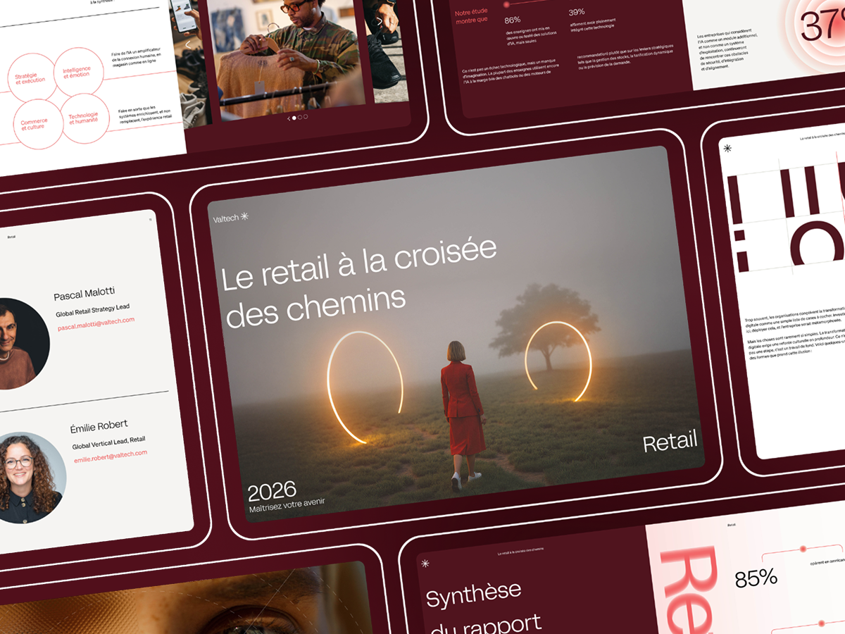 Valtech 2026 rapport retail: Le retail à la croisée des chemins, slides on transformation digitale.