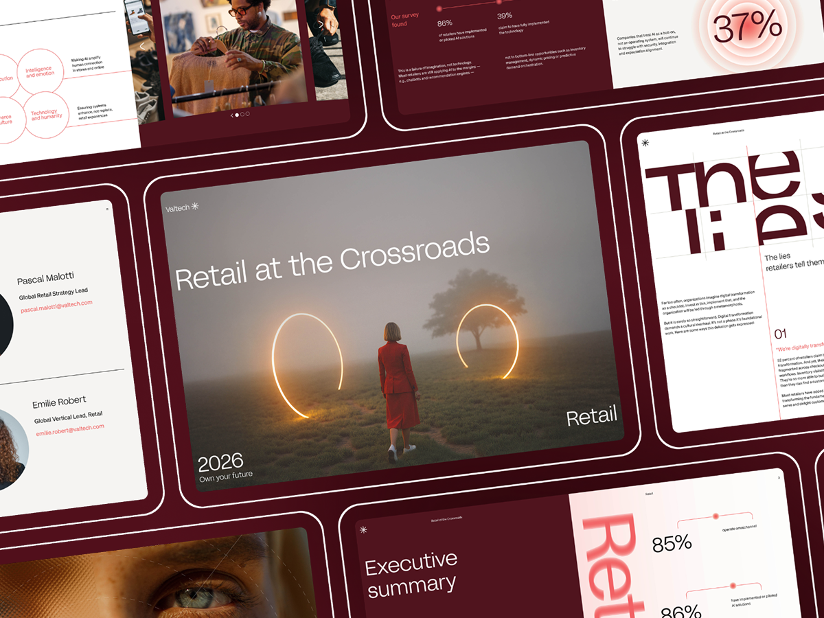 Collage of pages from the Valtech "Retail at the Crossroads" 2026 report on digital transformation.