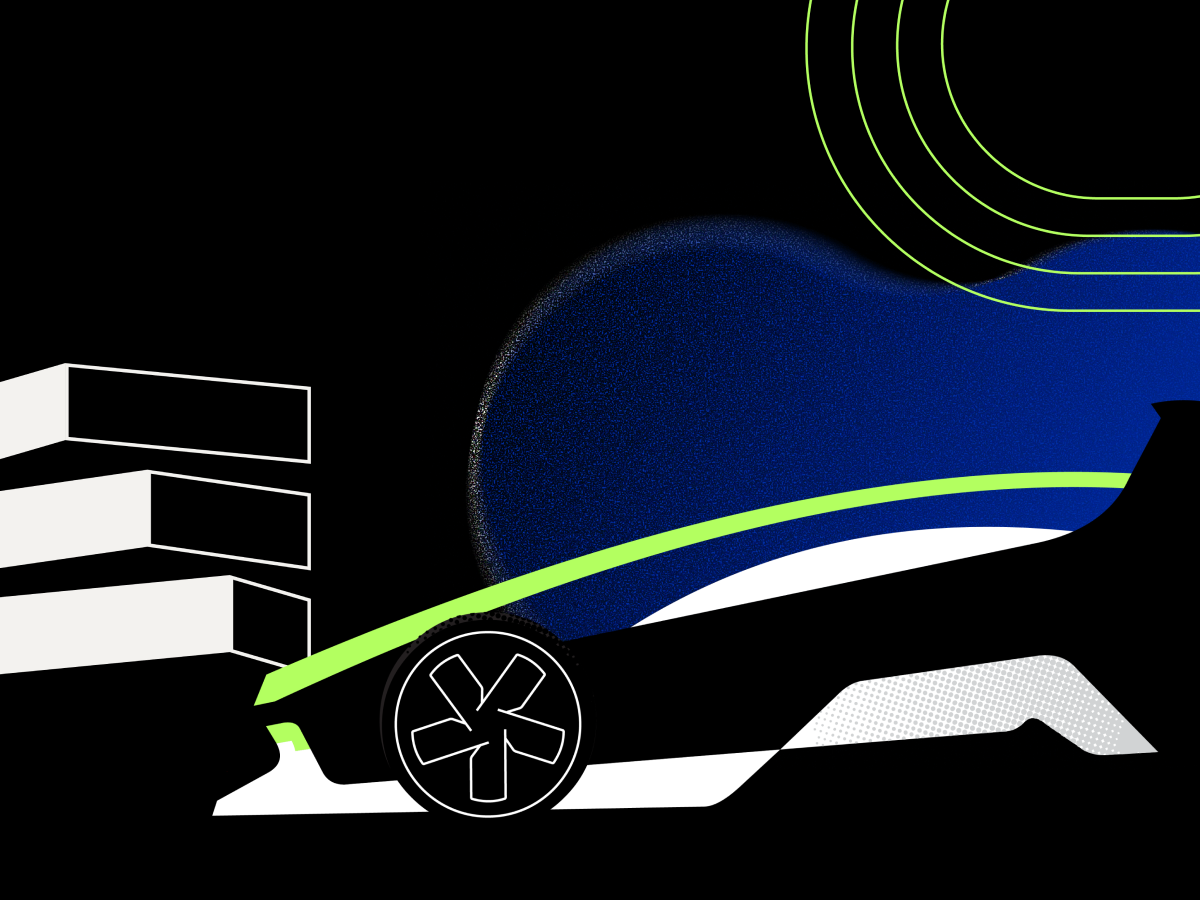 Abstract sports car silhouette with lime green accents and blue shape on black background.