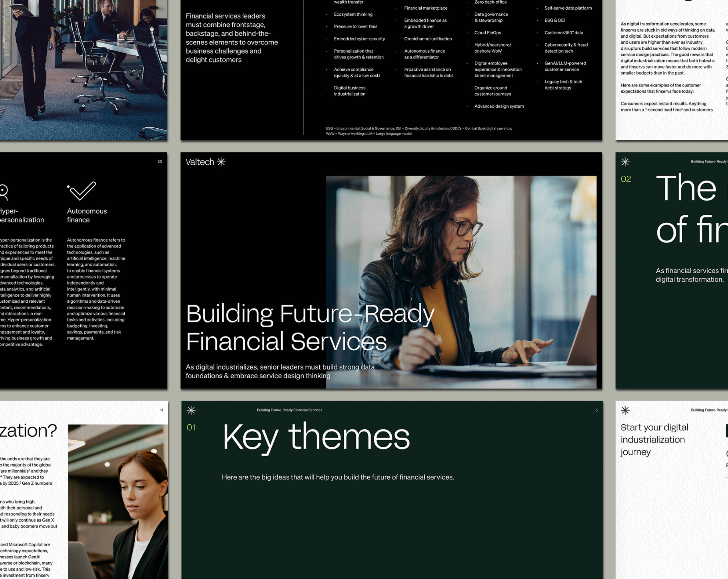 A multi-page presentation mockup showing various screens with text about building future-ready financial services. The screens highlight key themes such as hyper-personalization, autonomous finance, and strong data foundations, with a central image of a woman working on a laptop.
