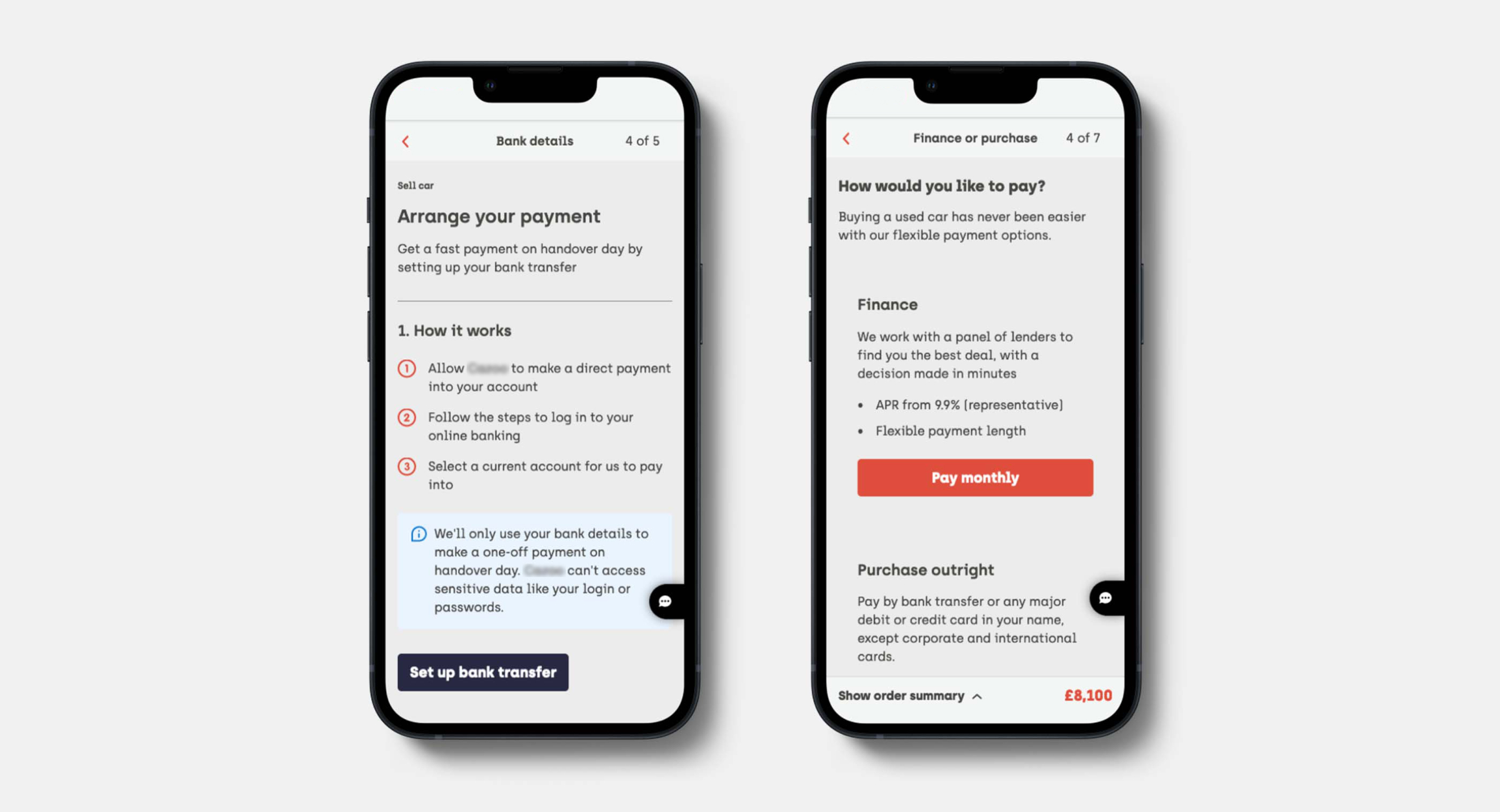  Two smartphones are displayed side by side, showing a mobile interface for arranging payments and financing options for purchasing a car.